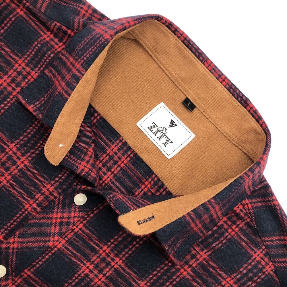 Zity Mens Lightweight Long Sleeve Flannel Shirt Large Red Plaid Button Pockets